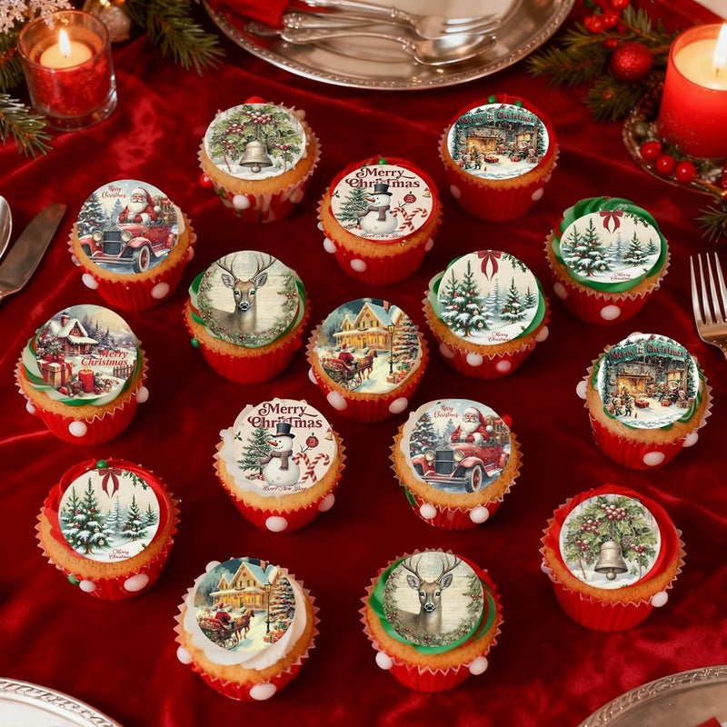 Fyeoxle 36PCS Vintage Christmas Cupcake Toppers Wafer Paper Deer Santa Claus Jingle Bells Cupcake Decor Snowman Dessert Picks for Christmas Theme Party Baby Shower Supplies - Image 3